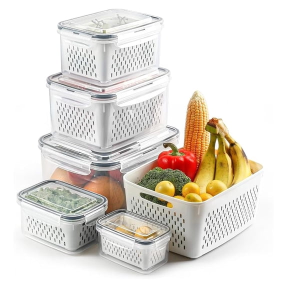 Fruit Storage Containers for Fridge, 5-Pack Veggie Saver with Colander, BPA-Free, Leakproof Produce Containers for Berries, Vegetables, & Meat - Keep Food Fresh Longer