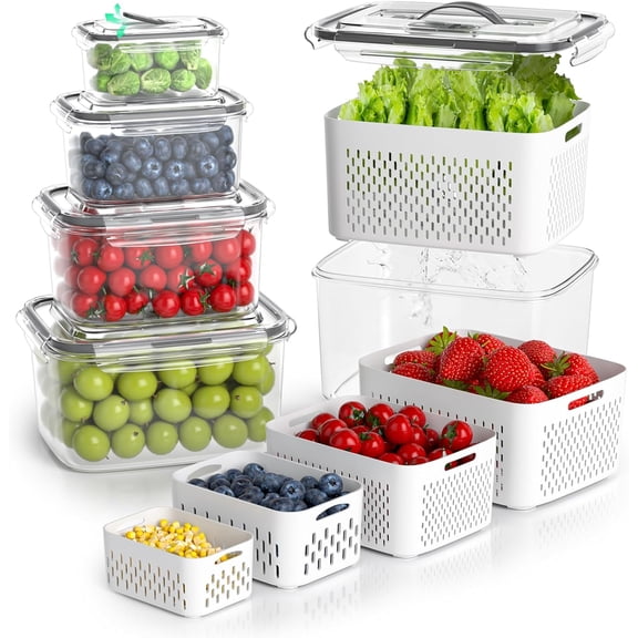 Fruit Storage Containers for Fridge - 5 Size Berry Containers for Fridge Keep Fresh with Colanders and Vent Handle Lids, Clear Vegetable Storage Containers for Refrigerator, Lettuce Keeper