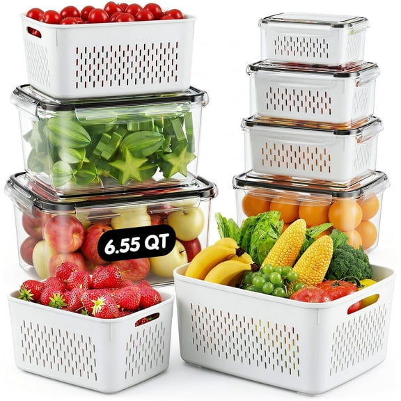 Fruit Storage Containers for Fridge - 6 Pack Produce Storage Containers with Removable Colander, Leakproof Refrigerator Fruit Organizers Keep Berry Veggie Salad Meat Fresh Longer, Largest 6.55 Quart