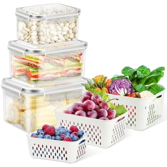 Fruit Storage Containers for Fridge, 6 Pcs Produce Saver with Colander for Rinsing, Berry Containers Lettuce Keeper Refrigerator Organizers Airtight Food Storage with Lid
