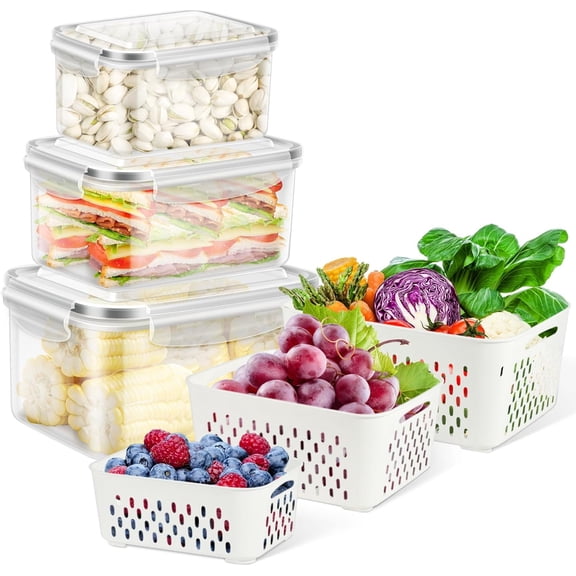 Fruit Storage Containers for Fridge, 6 Pcs Produce Saver Set with Colander for Rinsing, Berry Storage Boxes, Lettuce Keeper, Airtight Refrigerator Organizer, Durable Food Storage Containers with Lids