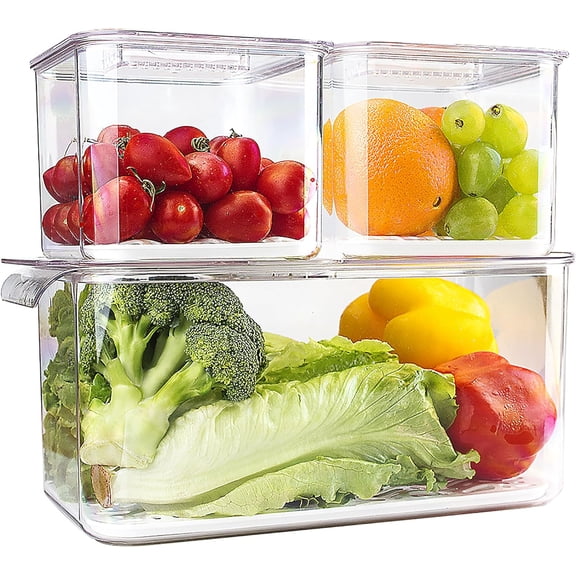 Fruit Storage Containers for Fridge Fresh Produce Saver -3 Pack Stackable Fridge Organizers Bins with Lids, Drain Tray, Food Storage Container for Vegetables, Lettuce, Salad and Berry, BPA-free