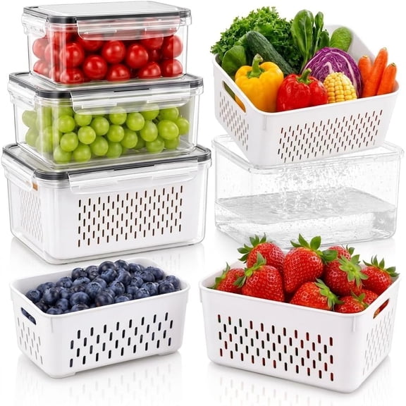 Fruit Storage Containers for Fridge with , Fridge Organizers and Storage Produce Saver Box with Removable Drain Basket for Fruit Berry Salad Vegetable Meat, 380ml to 3150ml (4 Pack)