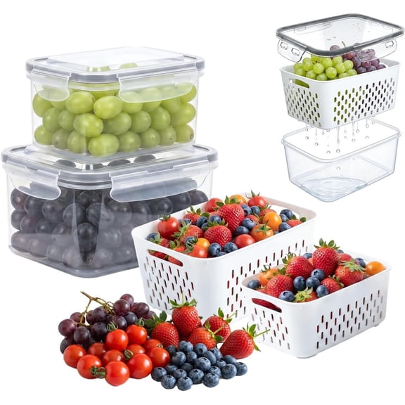 Fruit Storage Containers for Fridge, Grape Containers with -In Drain Basket, 2-Pack No-Leak Design, Saves Space, Durable and Easy to Clean, Easy Grab Handle, Keeps Grapes and Berries