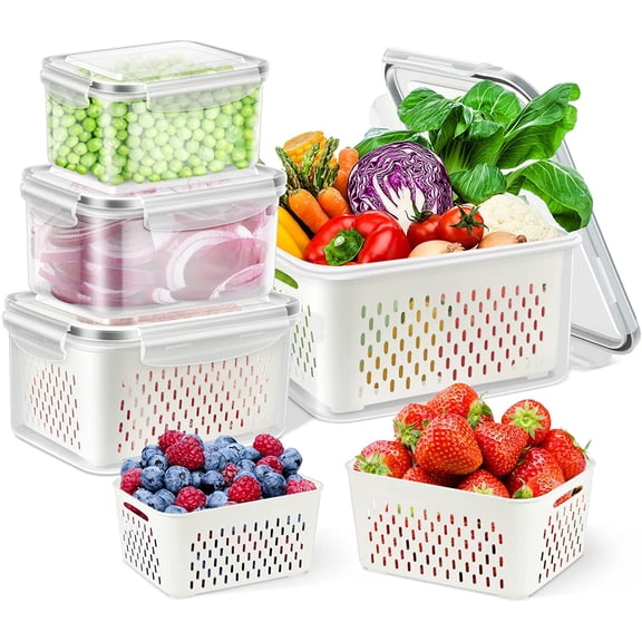 Fruit Storage Containers for Fridge Organizers and Storage, 4 Pack Large Produce Saver with Airtight Lid & Colander for Berry Lettuce Salad Vegetable Storage, Refrigerator Organizers
