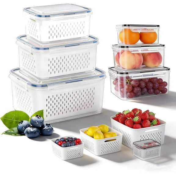 Fruit Storage Containers for Fridge, Produce Containers for Fridge with Removable Colander,4 in 1 Food Storage Container Keep Fruits, Vegetables, Berry, Meat Fresh longer (Blue)