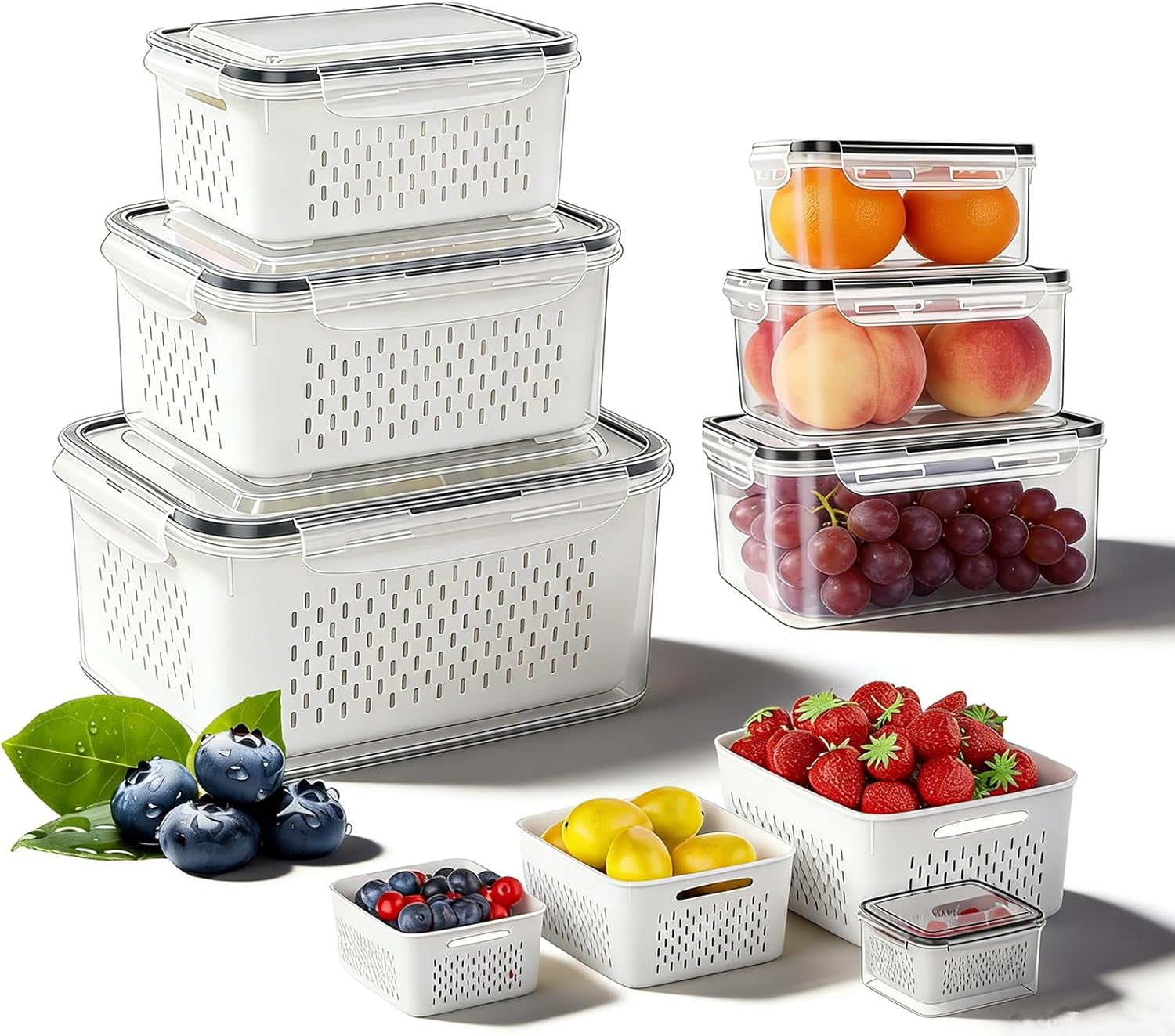 Fruit Storage Containers for Fridge, Produce Containers for Fridge with Removable Colander,4 in 1 Food Storage Container Keep Fruits, Vegetables, Berry, Meat Fresh longer (Gray)