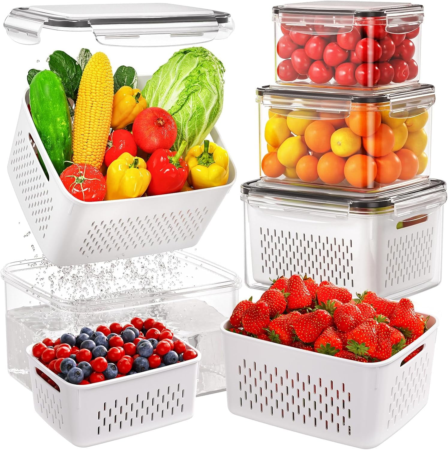 Fruit Storage Containers for Fridge, Produce Containers for Fridge with Removable Colander, All-In-One Fruit Washing Bowl with Strainer Microwave/Dishwasher Safe for Salad Berry Lettuce Keeper