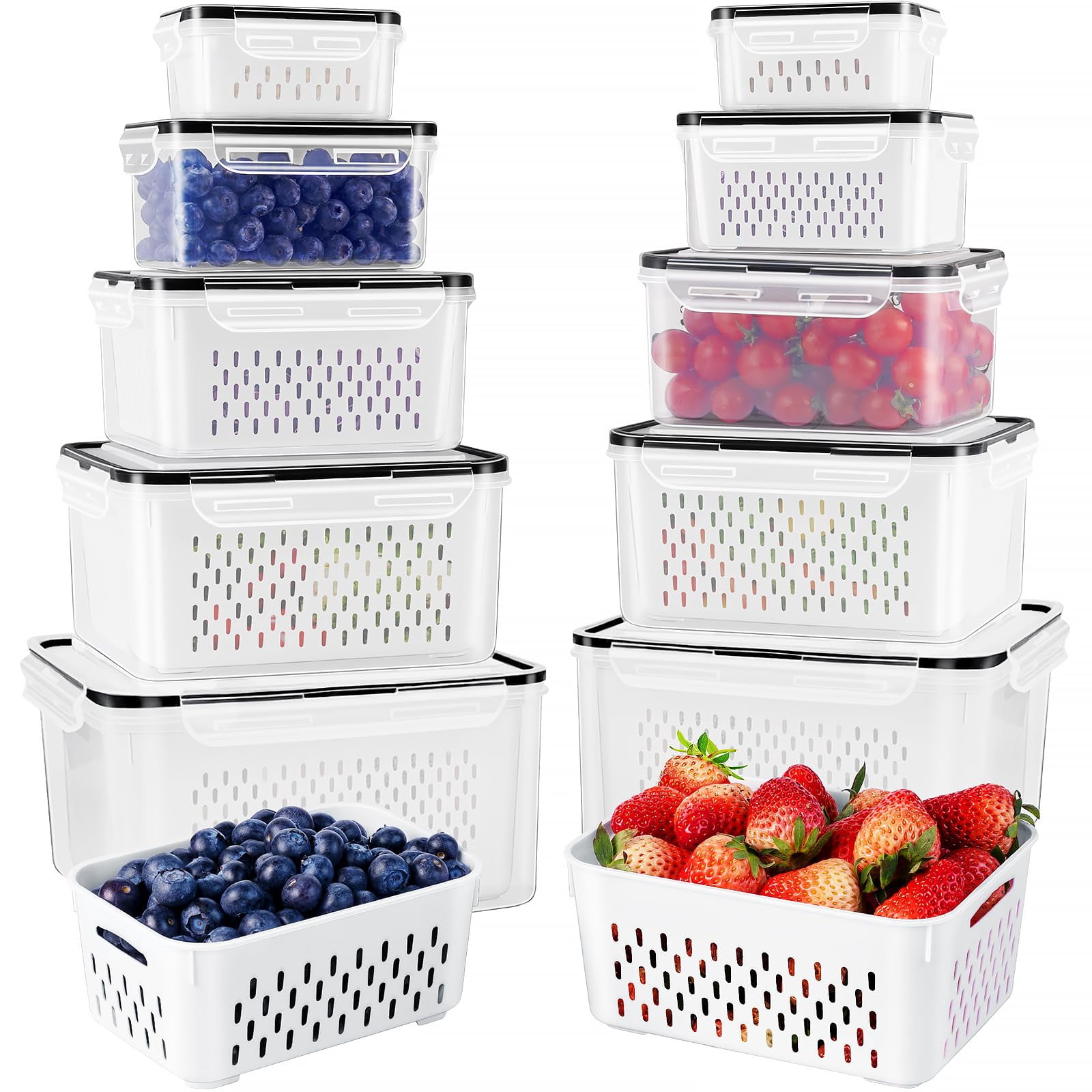 Fruit Storage Containers For Fridge With Removable Colander  Airtight Food Container Dishwasher Safe Produce Saver Refrigerator Keep Berry Fresh Longer 10 Large Clear