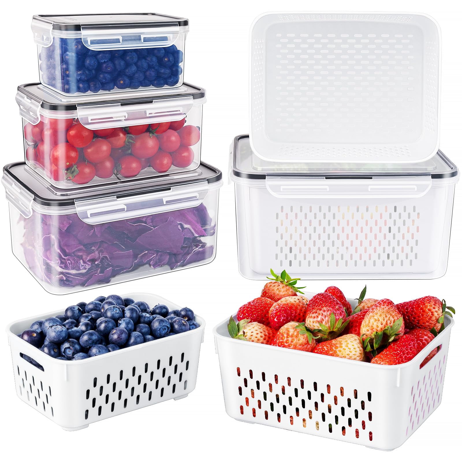 Fruit Storage Containers For Fridge With Removable Colander  Airtight Food Container Dishwasher Safe Produce Saver Refrigerator Keep Berry Fresh Longer 4 Small Clear