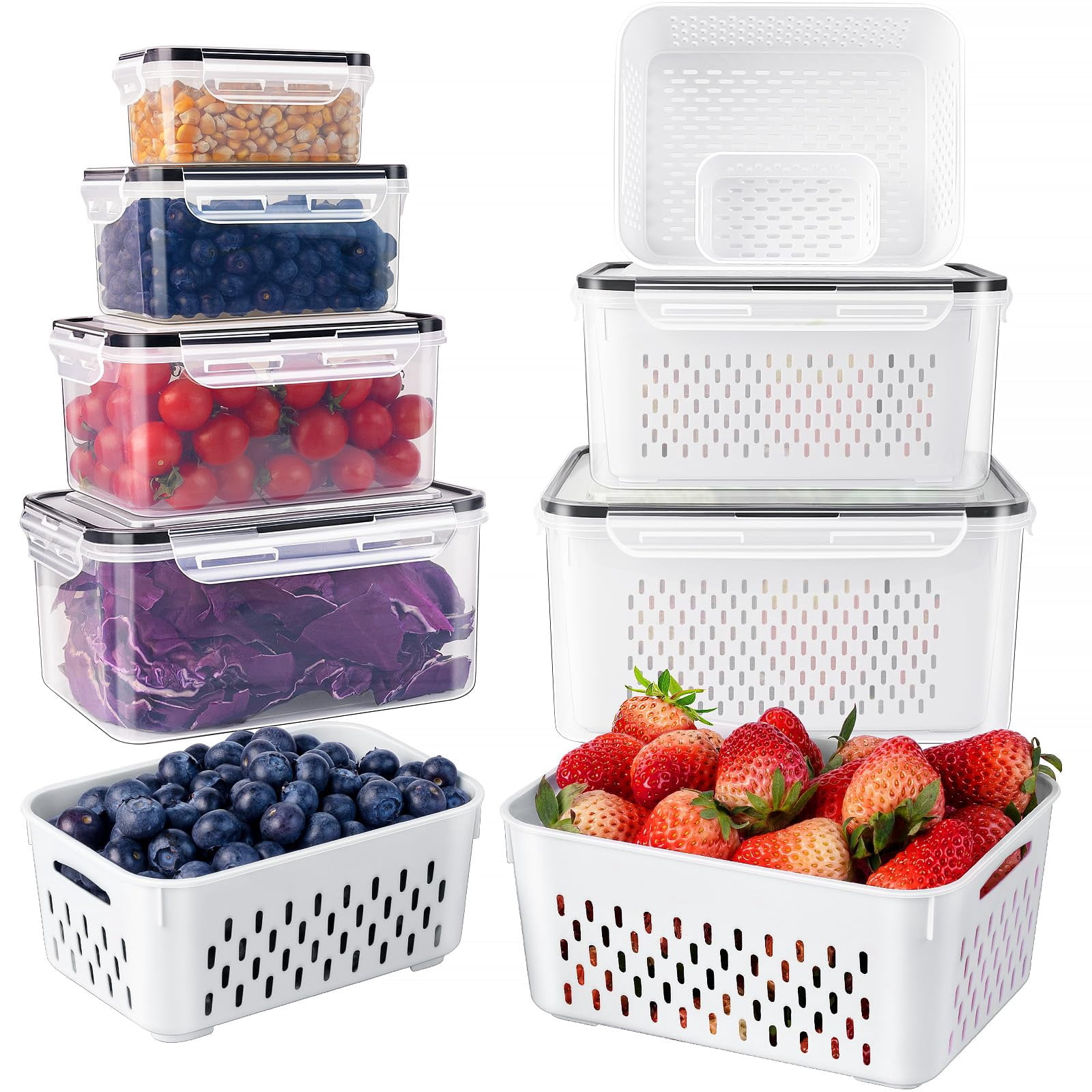 Fruit Storage Containers For Fridge With Removable Colander  Airtight Food Container Dishwasher Safe Produce Saver Refrigerator Keep Berry Fresh Longer 6 Large Clear