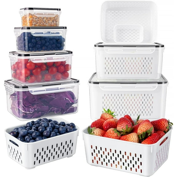 Fruit Storage Containers for Fridge with Removable Colander, Airtight Food Storage Container, Dishwasher Safe Produce Saver for Refrigerator, Keep Berry Fruit Fresh Longer 6 pcs Large Clear