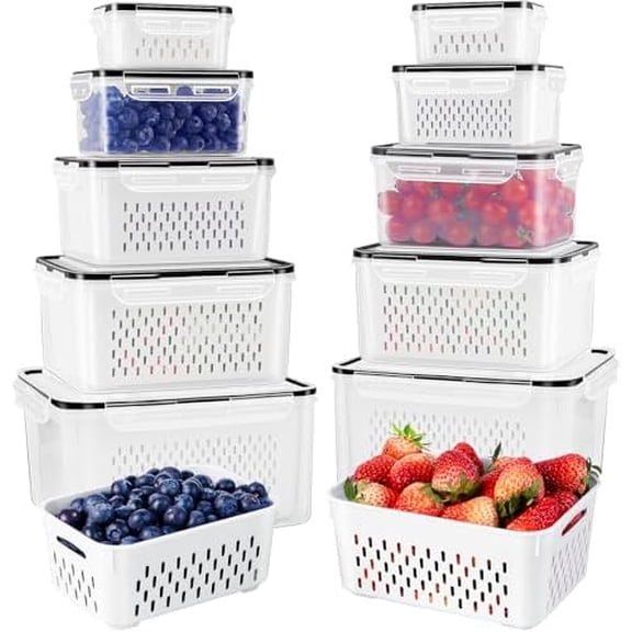Fruit Storage Containers for Fridge with Removable Colander, Airtight Food Storage Container, Dishwasher Safe Produce Saver for Refrigerator, Keep Berry Fruit Fresh Longer 10 pcs Large Clear