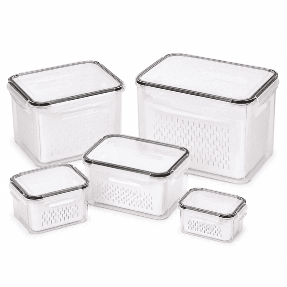 Fruit Storage Containers for Fridge with Removable Colanders, 4 in 1 Produce Storage Containers with Lids, Leakproof Fridge Organizer Bins for Salad Berry Lettuce Vegetables Meat Keeper Fresh