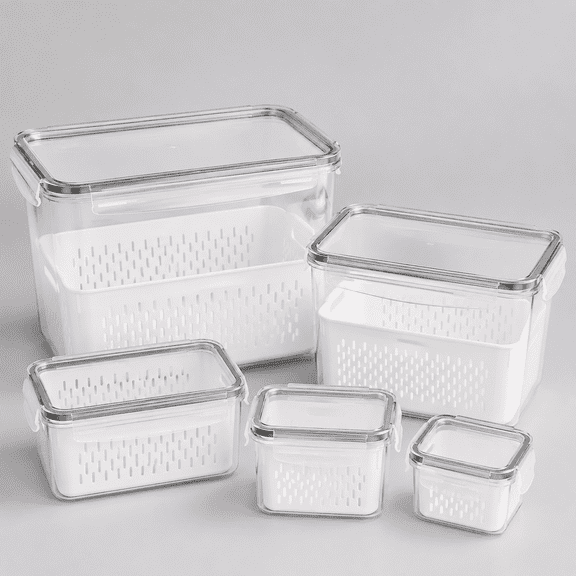 Fruit Storage Containers for Fridge with Removable Colanders, 4 in 1 Produce Storage Containers with Lids, Leakproof Fridge Organizer Bins for Salad Berry Lettuce Vegetables Meat Keeper Fresh