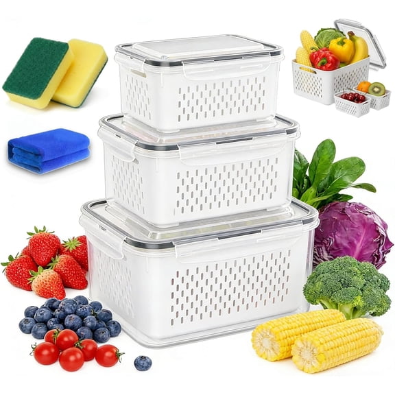 Fruit Storage Containers for Fridge with Removable Colanders, Household Transparent Plastic Food Storage Box-Including Drain Basket, 4 in 1 Food Storage Container, Vegetable Storage (Gray, S+M+L)