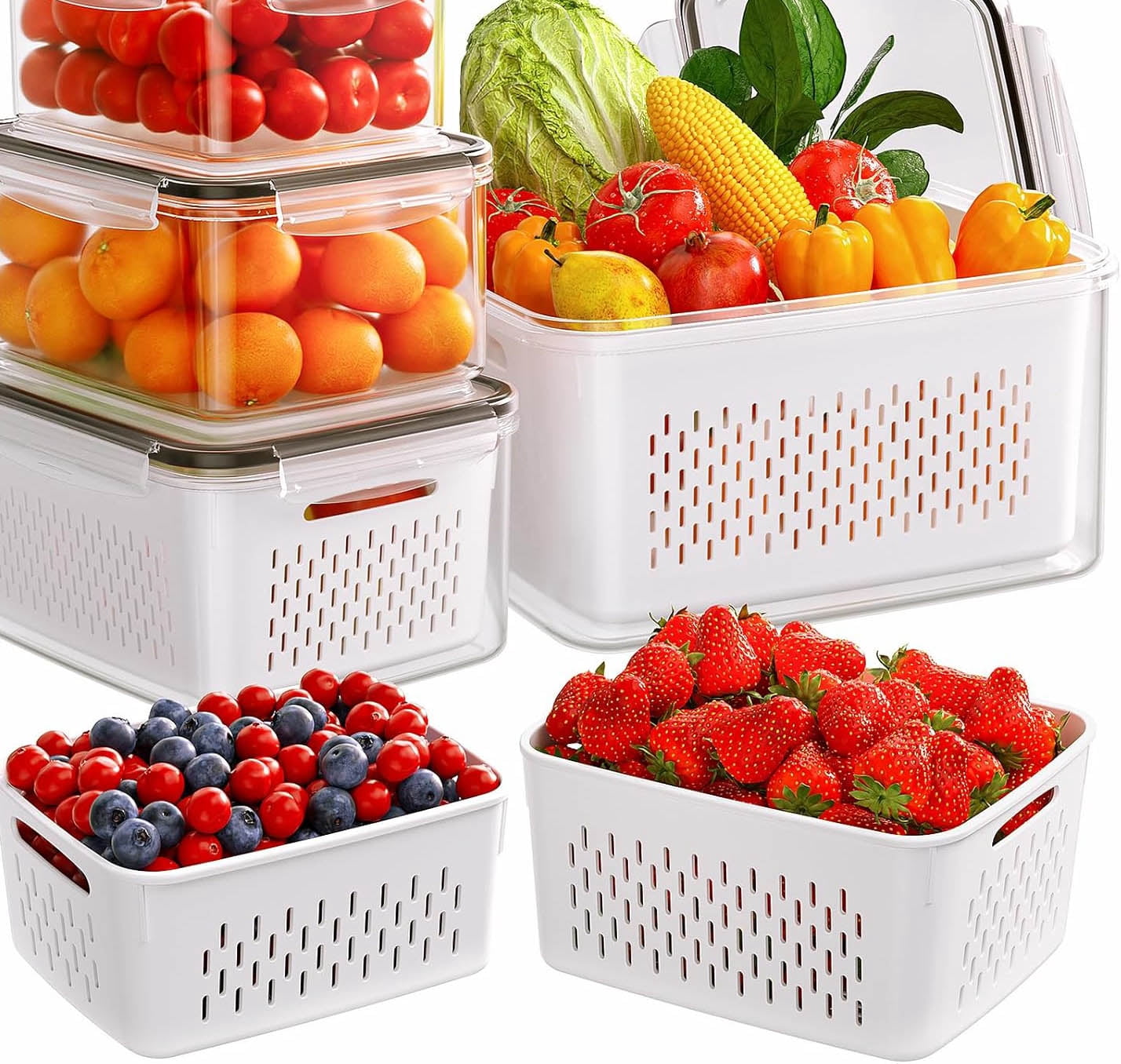 Fruit Storage Containers for Fridge with Removable Colanders, Produce Storage Containers with Lids, Leakproof Fridge Organizer Bins for Salad Berry Lettuce Vegetables Meat Keeper Fresh