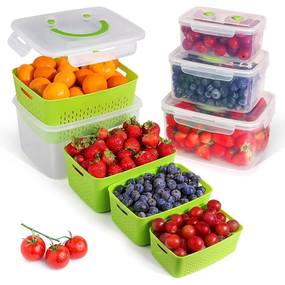 Fruit Storage Containers for Fridge - Set of 4 - Airtight Lid Keeps - For Fruit & Vegetable Storage - Space-Saving Design - Ideal for Produce, Berries, Snacks - Green