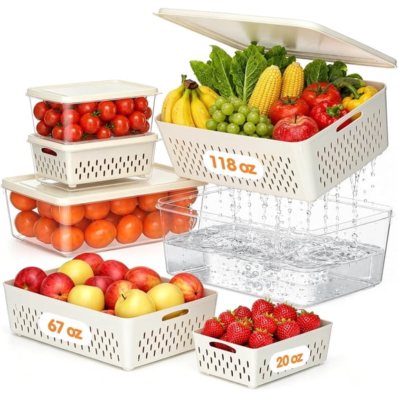 Fruit Storage Containers for Fridge with Soft Lid - 4 Pack Storage Container with Removable Colander, Airtight Produce Saver Containers Keep Berry, Fruits, Vegetables, Meet