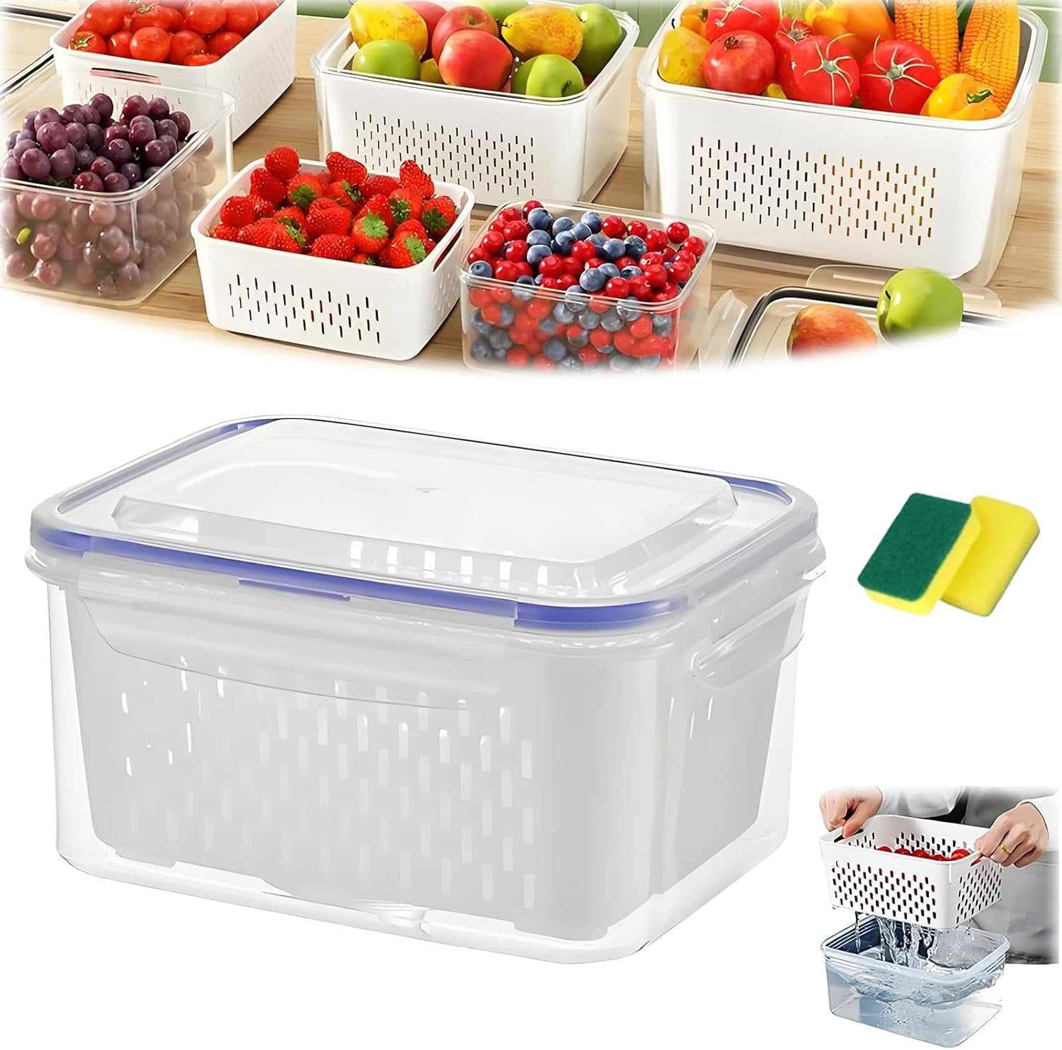 Fruit Storage Containers for Fridge 3PCS, 4-in-1 Produce Containers with Lid & Removable Strainer Colander, Airtight Vegetable Keepers for Kitchen