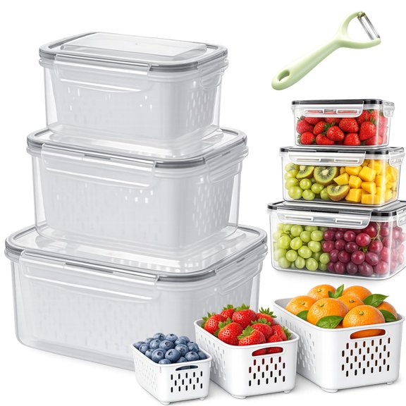 Fruit Storage Containers for Fridge 4-in-1 Leakproof Produce Saver – with Removable Colander Berry Keeper Lettuce Organizer