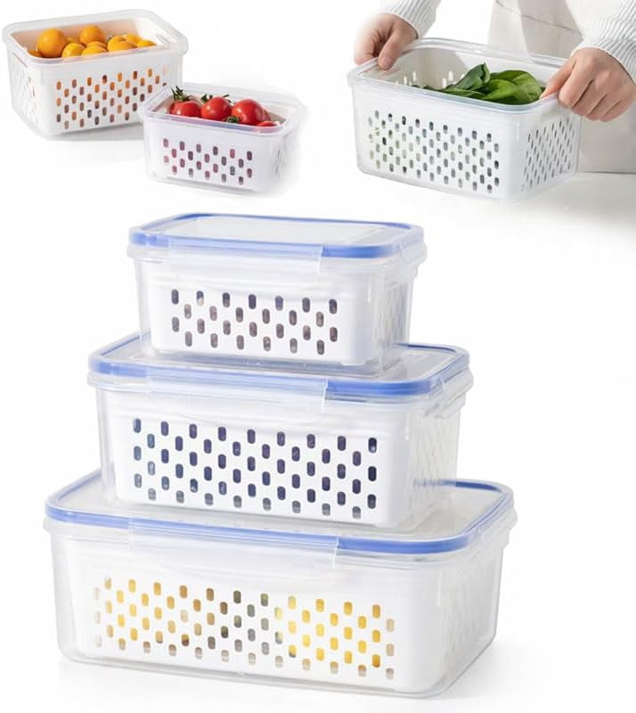 Fruit Storage Containers for Fridge, Airtight Lids Keep Out Dust, Insects & Contaminants, Easy-Clean Stackable Design for Fresh Produce
