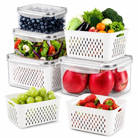 Fruit Storage Containers for Fridge, Airtight Produce Saver with Removable Colanders, 4 in 1 Food Storage Containers for Berries Vegetables Meat