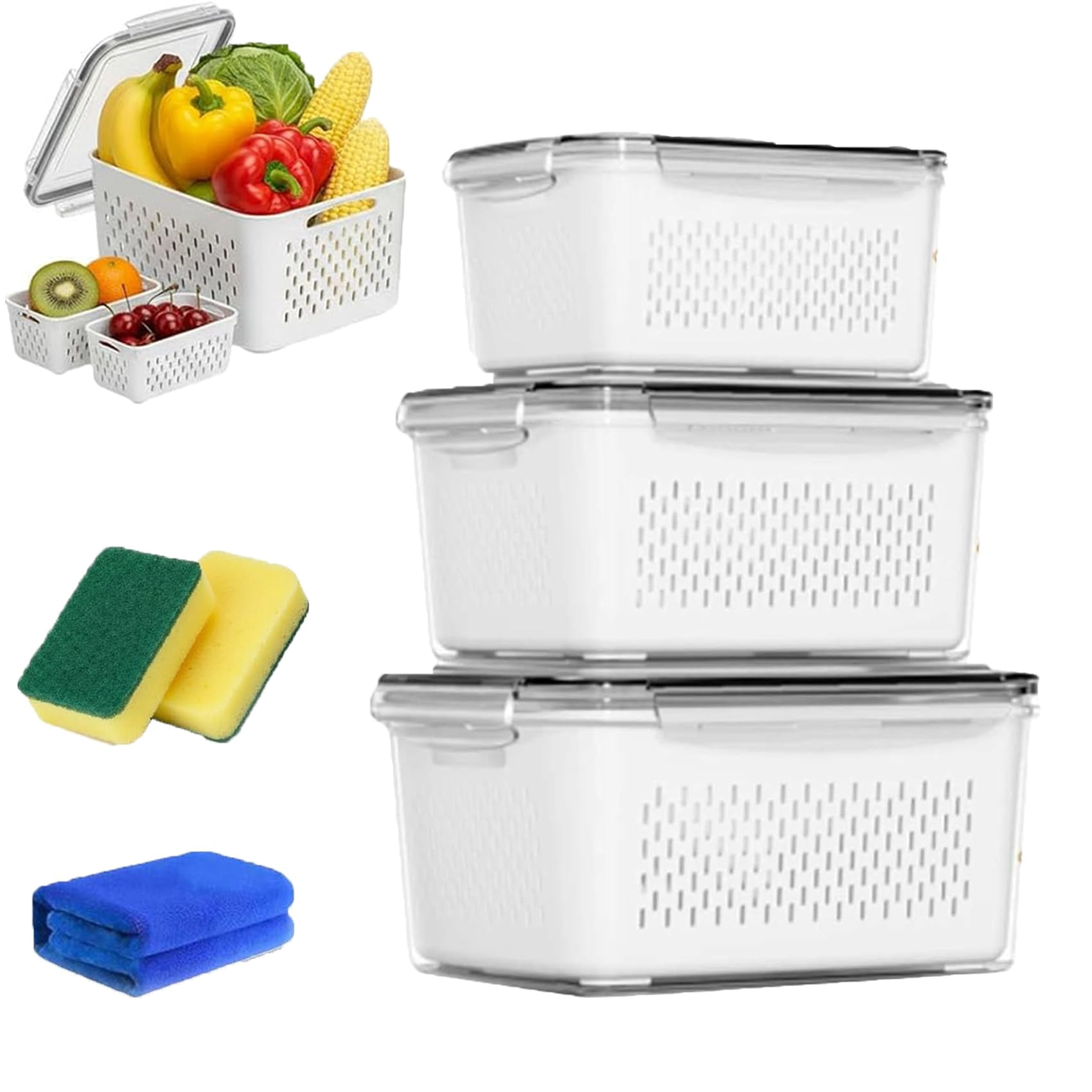 Fruit Storage Containers for Fridge – Built-in Colander and Leakproof Lid, Stackable Produce Keeper Set for Meal Prep, Fridge Organization, Home Use