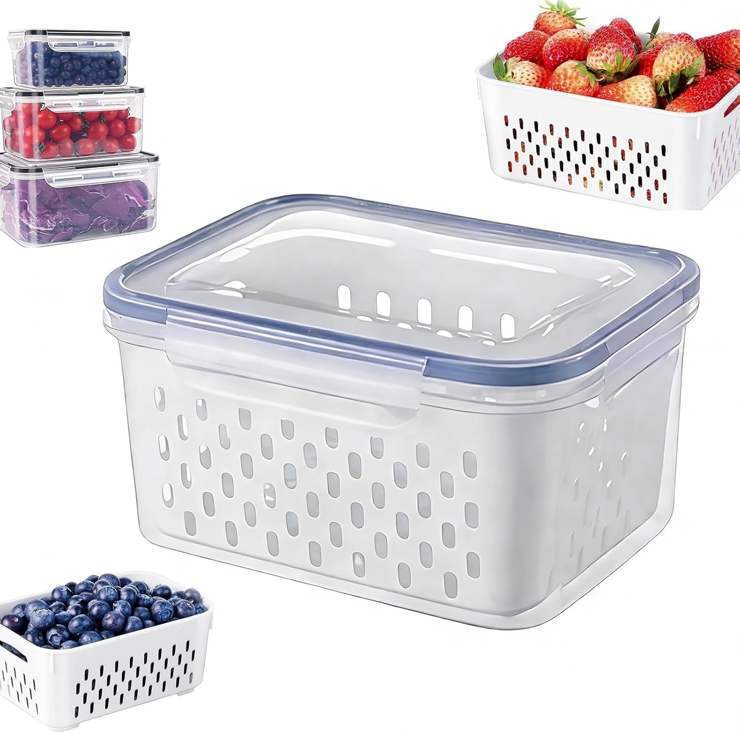 Fruit Storage Containers for Fridge, Household Transparent Food Storage Box-including Drain Basket, 4 in 1 Produce Containers,