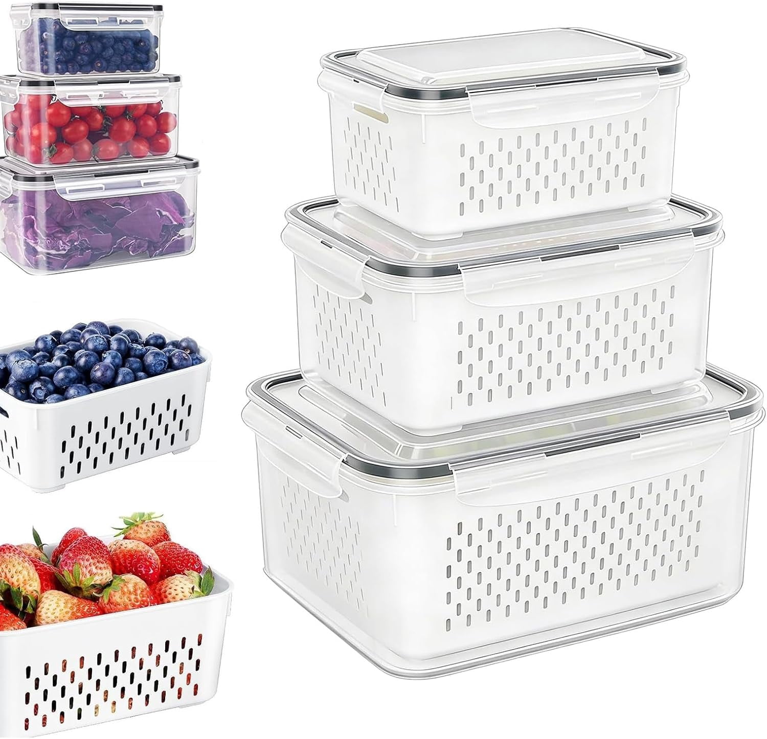 Fruit Storage Containers for Fridge, Household Transparent Food Storage Box-including Drain Basket, 4 in 1 Produce Containers,