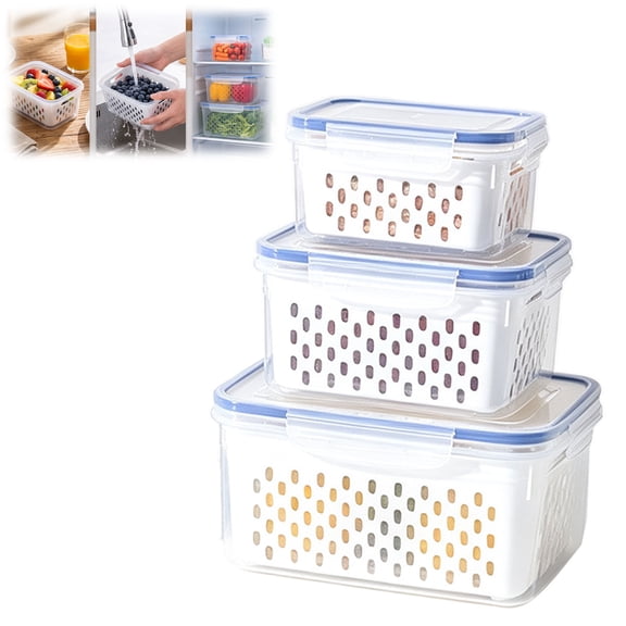 Fruit Storage Containers for Fridge, Removable Colander, Airtight Produce Saver, Dishwasher Safe Berry Keeper, 3 Sizes with Lids(3-Piece Set,Blue)