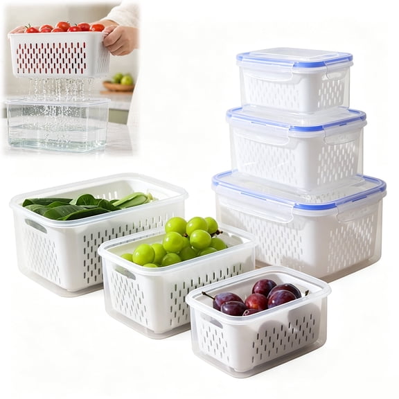 Fruit Storage Containers for Fridge with Removable Colander, Airtight Produce Saver, Dishwasher Safe Berry Keeper, 3 Sizes with Lids(Blue)