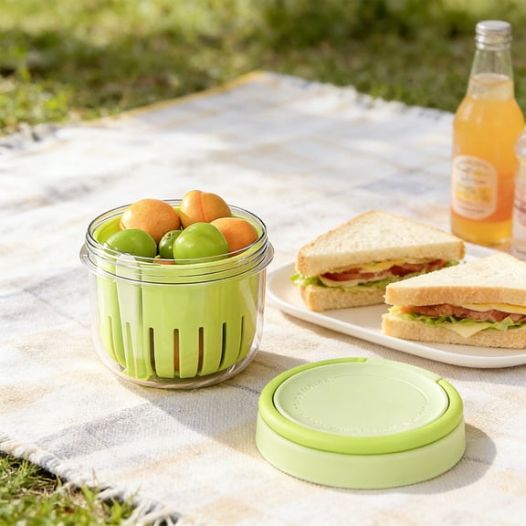 Fruit Storage Cup with Draining Insert Two Layer Fresh Fruit Container with Lid Portable Snack Box for Cut Fruit Salad Veggies Picnic Lunch Travel School Work Kitchen Storage Picnic Kitchen Veggies