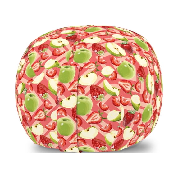 Fruit Storage Toy Bag Chair, Green Apples and Strawberries Image on Diagonal Squares Ornamented Background, Stuffed Animal Organizer Washable Bag, Large Size, Coral Multicolor, by Ambesonne