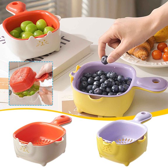 Fruit Strainer Dual-Layer Veggie Colander Draining Basket,Drain Basket with Handle,Small Fruit Colander,Fruit Rinser Strainer Container Dual-Layer Vegetable Cutting and Draining Basket