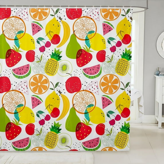 Fruit Style Shower Curtain Vegetables Fruits Fabric Shower Curtain for Kids Boys Girls Cartoon Fruit Bathroom Waterproof Accessories with 12 Hooks Yellow Red White Curtains,72X72 Inches