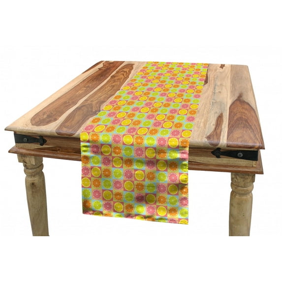 Fruit Table Runner, Citrus Fruits Themed Squares Grid Lemon Lime Grapefruit Orange and Tangerine Pattern, Dining Room Kitchen Rectangular Runner, 3 Sizes, by Ambesonne