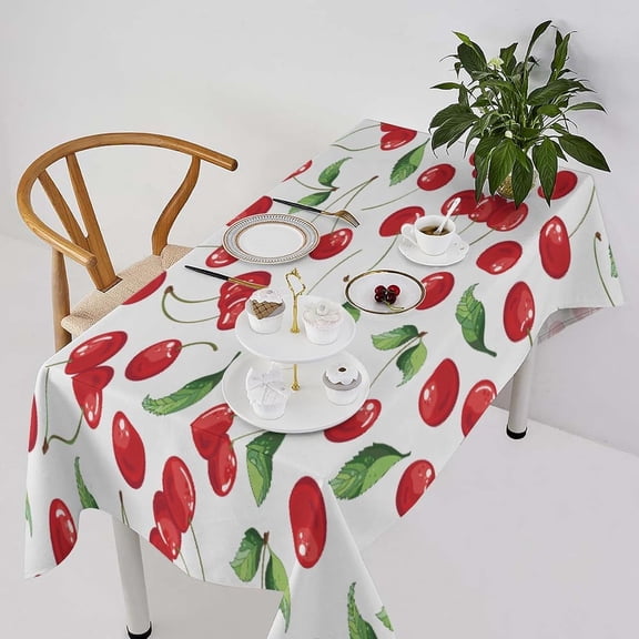 Fruit Tablecloth, Red Cherry Fresh Berry Fruit Summer Green Garden Print Table Cloth Cover for Dining Room Kitchen Party Decor 60x102in