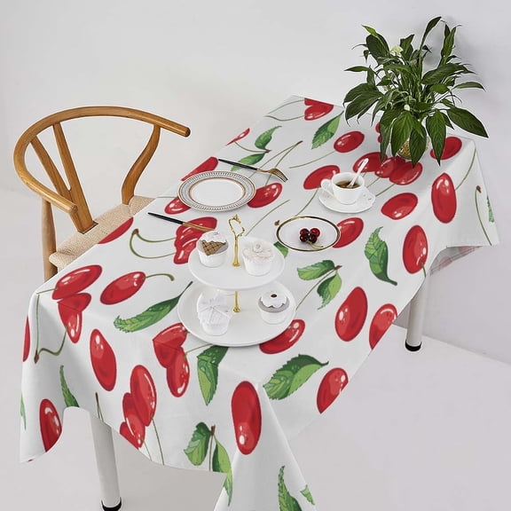 Fruit Tablecloth, Red Cherry Fresh Berry Fruit Summer Green Garden Print Table Cloth Cover for Dining Room Kitchen Party Decor 60x84in
