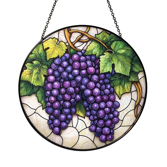 Fruit Theme Grape Cluster Stained Glass Suncatcher Decorative Round Window Art for Home Interior Display