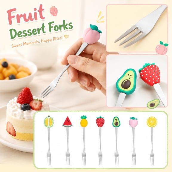 Fruit-Themed Dessert Forks, 1-Pack (5.71 Inch) - Stainless Steel Two-Prong Cake & Fruit Picks for Afternoon Tea, Party Decorations & Table Setting E