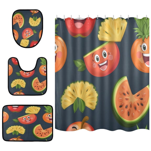 Fruit Themed Pattern Bathroom Accessory Curtain Sets Bath Curtain Anti-Slip Mats and Toilet Pad 66x72in