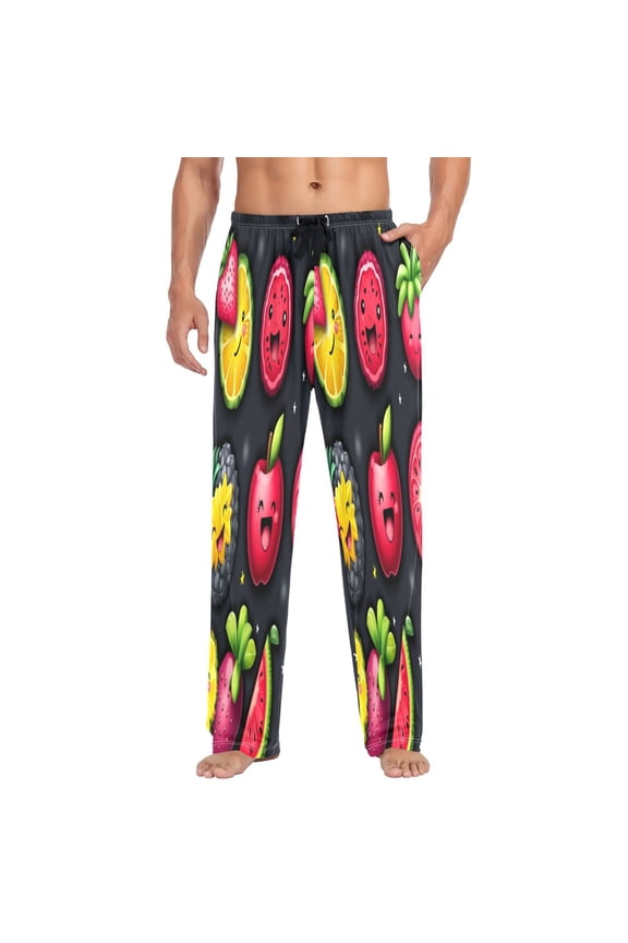 Fruit Themed Pattern Design Mens Cotton Pajama Pants Long Staple Lightweight Sleep Bottoms with Pockets Breathable