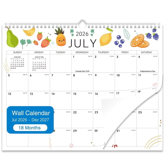 Fruit Themed Wall Calendar 2026-2027, 18 Months Hanging Monthly Pl R from July 2026 to December 2027, Cute Home Workspace Decor with Large Date Blocks, by IHXORA