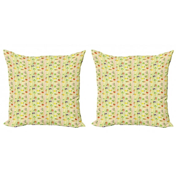 Ambesonne Fruit Throw Pillow Cover 2 Pack, Apple Plum Pear Waves, 24", Multicolor