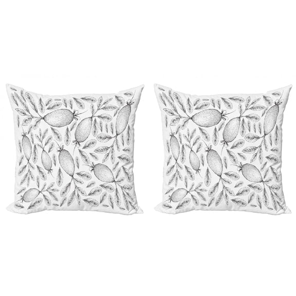 Fruit Throw Pillow Cushion Cover Pack of 2, Monochrome Detailed Sketch of Tropical Fruits and Leaves on Plain Background, Zippered Double-Side Digital Print, 4 Sizes, Charcoal Grey White, by Ambesonne