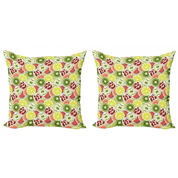 Fruit Throw Pillow Cushion Cover Pack of 2, Organic Food Themed Modern Pattern with Kiwi Pomegranate Lemon Watermelon and Apple, Zippered Double-Side Digital Print, 4 Sizes, Multicolor, by Ambesonne
