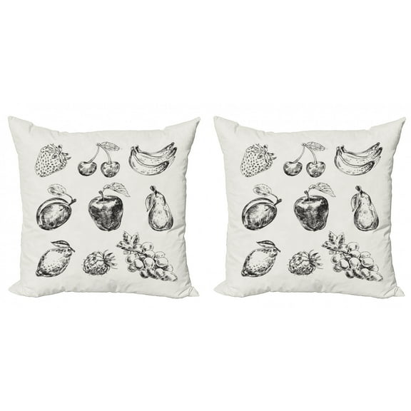 Fruit Throw Pillow Cushion Cover Pack of 2, Retro Banana Strawberry Raspberry Plum Kitchen Vitamin Eat Hand Drawn Art Design, Zippered Double-Side Digital Print, 4 Sizes, Black Coconut, by Ambesonne