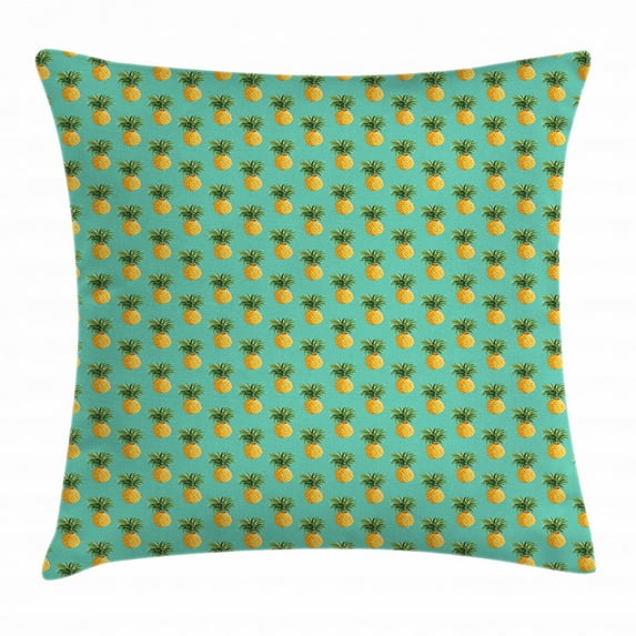Fruit Throw Pillow Cushion Cover, Tropical Pineapples and Leaves Exotic Hawaiian Cuisine Vintage Design, Decorative Square Accent Pillow Case, 18 X 18 Inches, Turquoise Green and Yellow, by Ambesonne