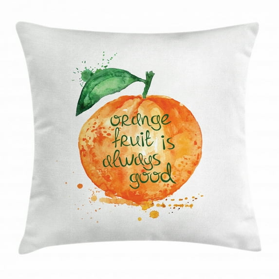 Fruit Throw Pillow Cushion Cover, Watercolor Style Brush Strokes Orange is Always Good Quote Healthy Life Design, Decorative Square Accent Pillow Case, 24 X 24 Inches, Green and Orange, by Ambesonne